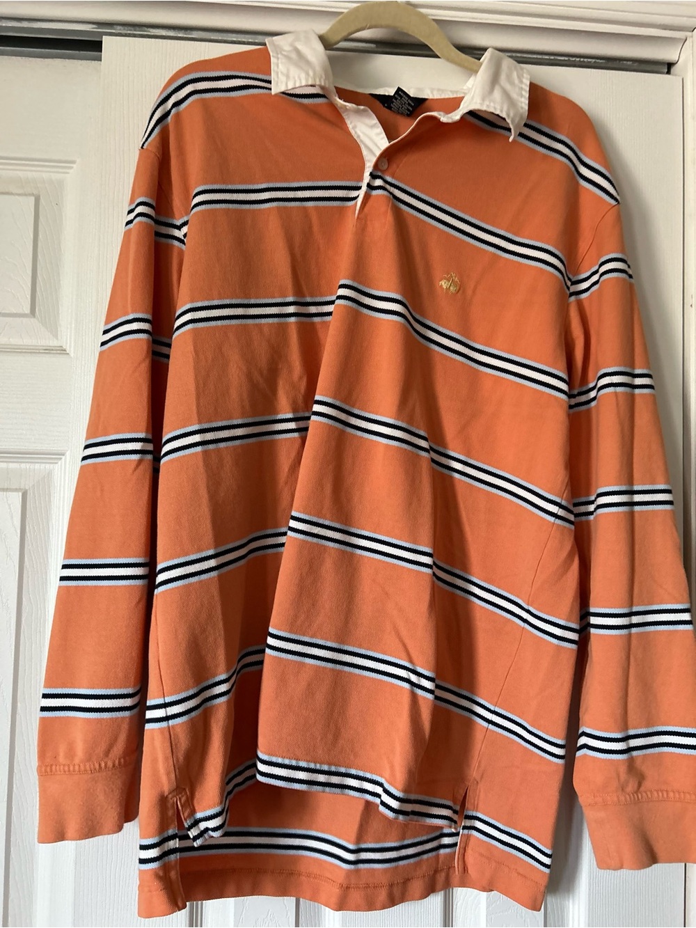 Men's Orange Striped Rugby Polo Shirt with White Collar by Brooks Brothers